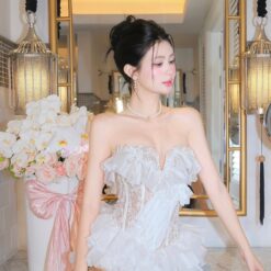 ชุดเดรส เกาะอก แต่งระบาย ลูกไม้ สีขาว สีชมพู BRAND THAOBIBI 2215 Size M