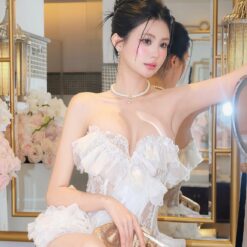 ชุดเดรส เกาะอก แต่งระบาย ลูกไม้ สีขาว สีชมพู BRAND THAOBIBI 2215 Size M