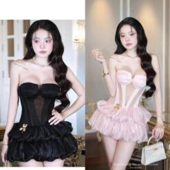 ชุดเดรส เกาะอก แต่งเพชร สีดำ สีชมพู  BRAND THAOBIBI 2214 Size M BKK