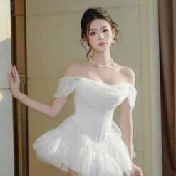 ชุดเดรส ปาดไหล่ สีขาว BRAND KATHY 2233 Size M