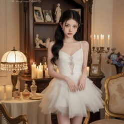 ชุดเดรส สายเดี่ยว แต่งเพชร สีขาว BRAND ZEN LULU 2231 Size M