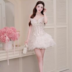 ชุดเดรส แต่งโบว์+กลิตเตอร์ สีขาว Brand HiSo 2225 Size M