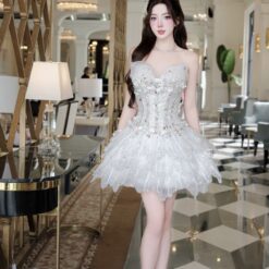 ชุดเดรส แต่งโบว์+กลิตเตอร์ สีขาว Brand HiSo 2225 Size M