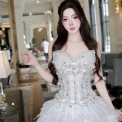 ชุดเดรส แต่งโบว์+กลิตเตอร์ สีขาว Brand HiSo 2225 Size M