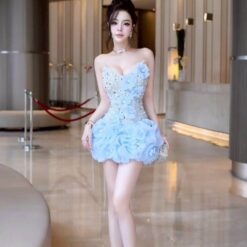 ชุดเดรส เกาะอก แต่งมุก+ดอก สีฟ้า Brand HiSo 2227 Size M