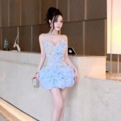 ชุดเดรส เกาะอก แต่งมุก+ดอก สีฟ้า Brand HiSo 2227 Size M