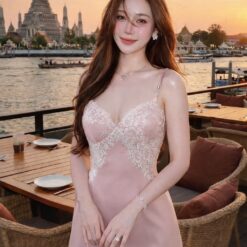 ชุดเดรส สายเดี่ยว แต่งลูกไม้ สีชมพู สีฟ้า สีแดง 2230 Size S M