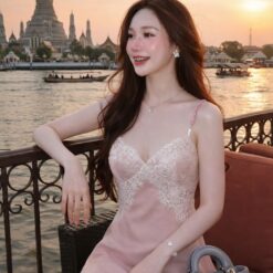 ชุดเดรส สายเดี่ยว แต่งลูกไม้ สีชมพู สีฟ้า สีแดง 2230 Size S M