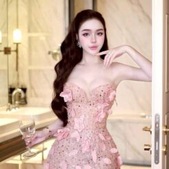 ชุดเดรส เกาะอก แต่งดอก สีชมพู 2229 Size S