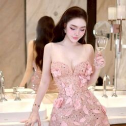 ชุดเดรส เกาะอก แต่งดอก สีชมพู 2229 Size S