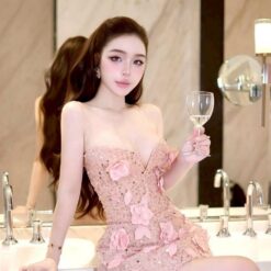 ชุดเดรส เกาะอก แต่งดอก สีชมพู 2229 Size S