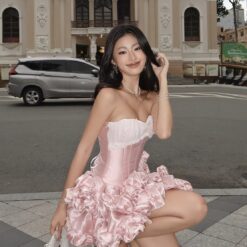 ชุดเดรส เกาะอก แต่งโบว์ สีชมพู BRAND LANE CI 2223 Size S