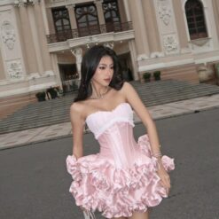 ชุดเดรส เกาะอก แต่งโบว์ สีชมพู BRAND LANE CI 2223 Size S