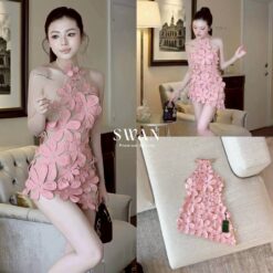 ชุดเดรส คล้องคอ แต่งดอก สีชมพู 2232 Size S