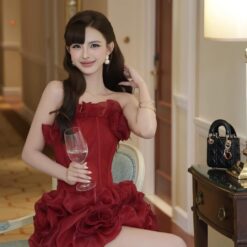 ชุดเดรส เกาะอก แต่งดอก สีแดง BRAND TRANALI 2234 Size M