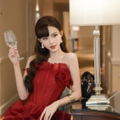 ชุดเดรส เกาะอก แต่งดอก สีแดง BRAND TRANALI 2234 Size M