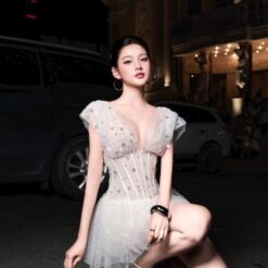 ชุดเดรส แต่งกลิตเตอร์ สีขาว BRAND OBIBI 2236 Size M