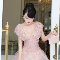 ชุดเดรส แต่งกลิตเตอร์ สีชมพู BRAND OBIBI 2235 Size M