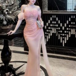 ชุดราตรี เกาะอกแต่งมุก+ถุงมือ สีชมพู Brand HiSo 3074 SizeM