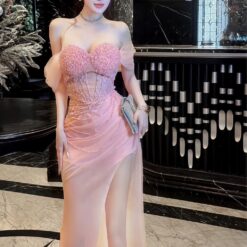 ชุดราตรี เกาะอกแต่งมุก+ถุงมือ สีชมพู Brand HiSo 3074 SizeM