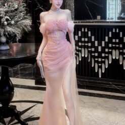 ชุดราตรี เกาะอกแต่งมุก+ถุงมือ สีชมพู Brand HiSo 3074 SizeM