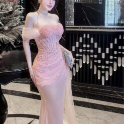 ชุดราตรี เกาะอกแต่งมุก+ถุงมือ สีชมพู Brand HiSo 3074 SizeM