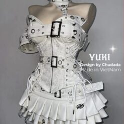 ชุดเซ็ท เสื้อ กระโปรง เข็มขัด สีขาว 4027 Size M