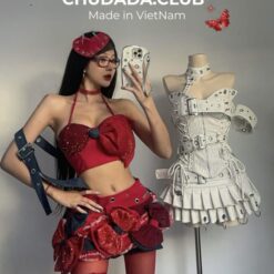 ชุดเซ็ท เสื้อ กระโปรง เข็มขัด สีขาว 4027 Size M