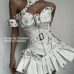 ชุดเซ็ท เสื้อ กระโปรง เข็มขัด สีขาว 4027 Size M