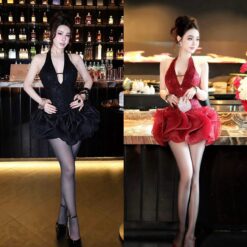 ชุดเดรส คล้องคอ แต่งดอก กลิตเตอร์ สีดำ สีแดงBrand HiSo 2238Size S-M BKK