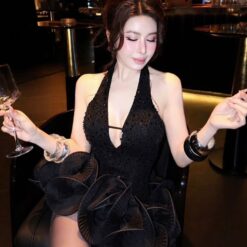 ชุดเดรส คล้องคอ แต่งดอก กลิตเตอร์ สีดำ สีแดง สีขาวBrand HiSo 2238Size S-M