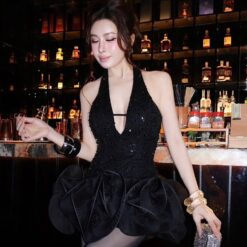 ชุดเดรส คล้องคอ แต่งดอก กลิตเตอร์ สีดำ สีแดง สีขาวBrand HiSo 2238Size S-M