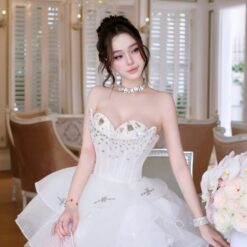 ชุดเดรส เกาะอก แต่งเพชร+กลิตเตอร์ สีขาว Brand HiSo 2239 Size S,M