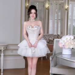 ชุดเดรส เกาะอก แต่งเพชร+กลิตเตอร์ สีขาว Brand HiSo 2239 Size S,M