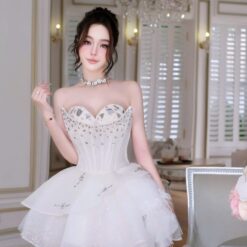 ชุดเดรส เกาะอก แต่งเพชร+กลิตเตอร์ สีขาว Brand HiSo 2239 Size S,M