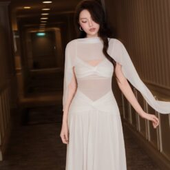 ชุดเดรส ราตรียาว สายเดี่ยว สีขาว BRAND OBIBI 3077 Size S,M