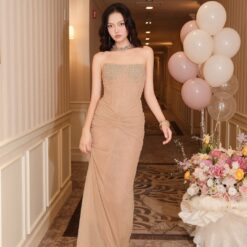 ชุดเดรส ราตรียาว เกาะอก แต่งเพรช สีดำ สีครีมทอง BRAND OBIBI 3078 Size S M BKK