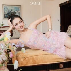 ชุดเดรส สายเดี่ยว ขนนก แต่งดอก สีชมพู สีครีม BRAND OBIBI 2241 Size S-M