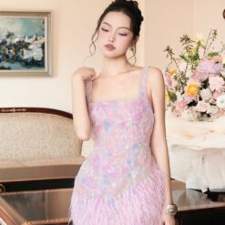 ชุดเดรส สายเดี่ยว ขนนก แต่งดอก สีชมพู สีครีม BRAND OBIBI 2241 Size S-M