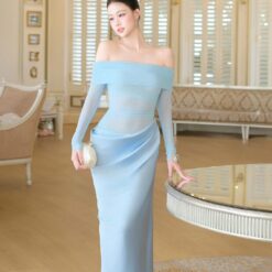 ชุดเดรส ราตรียาว ปาดไหล่ สีฟ้า BRAND OBIBI 3079 Size S-M