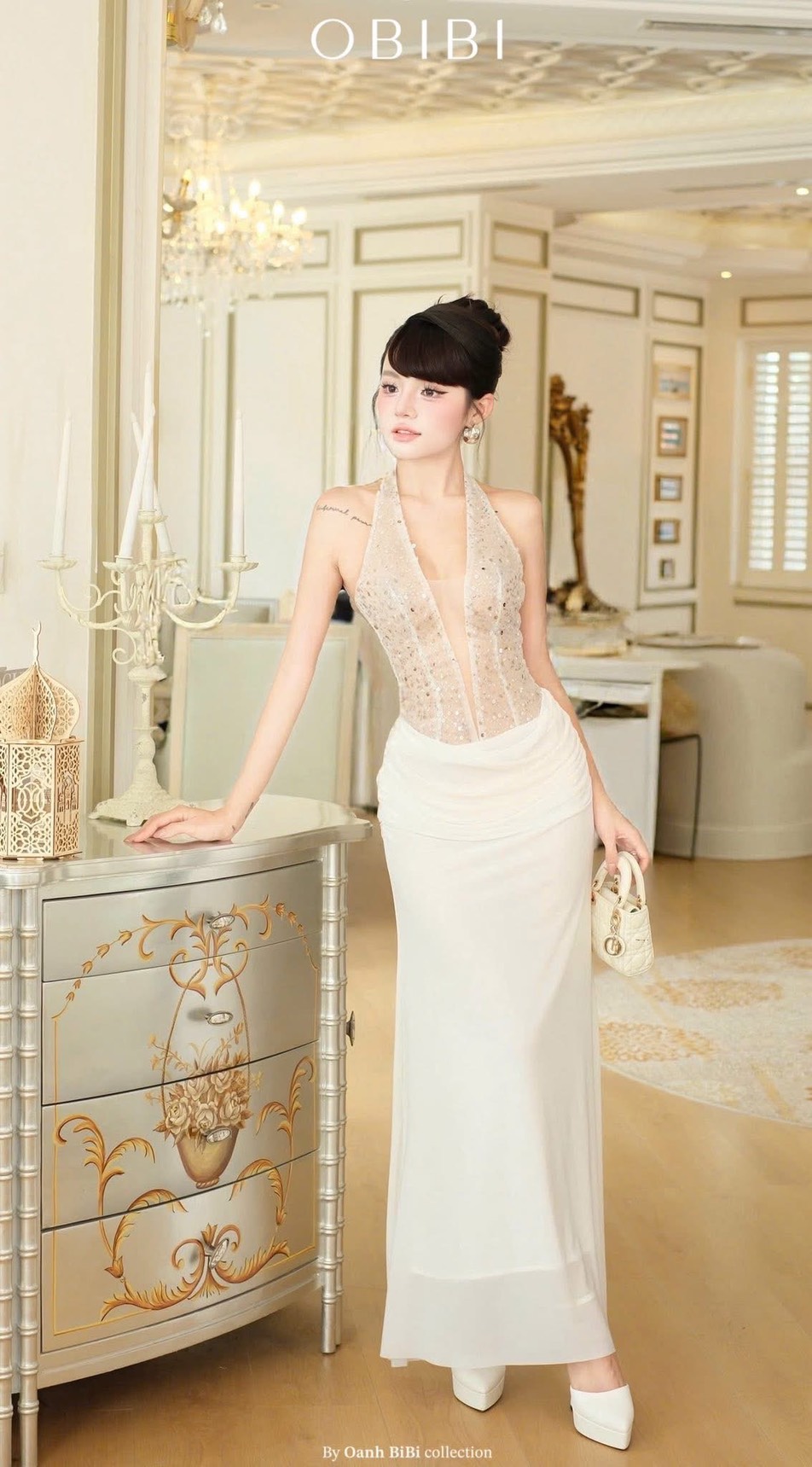 ชุดเดรส ราตรียาว คล่องคอ สีขาว BRAND OBIBI 3082 Size S-M - Image 9