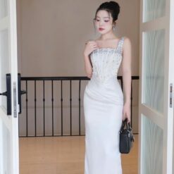 ชุดเดรส ราตรียาว สายเดี่ยว แต่งเพรช  สีขาว สีดำ  BRAND OBIBI 3081 Size S