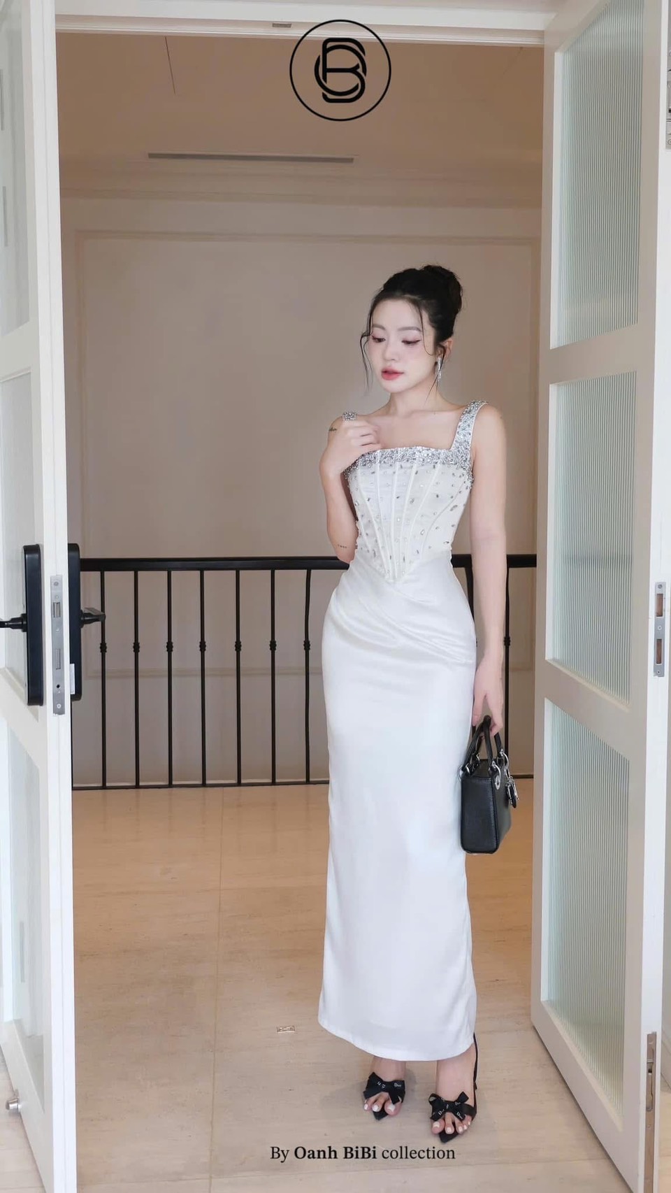 ชุดเดรส ราตรียาว สายเดี่ยว แต่งเพรช สีขาว สีดำ BRAND OBIBI 3081 Size S - Image 5