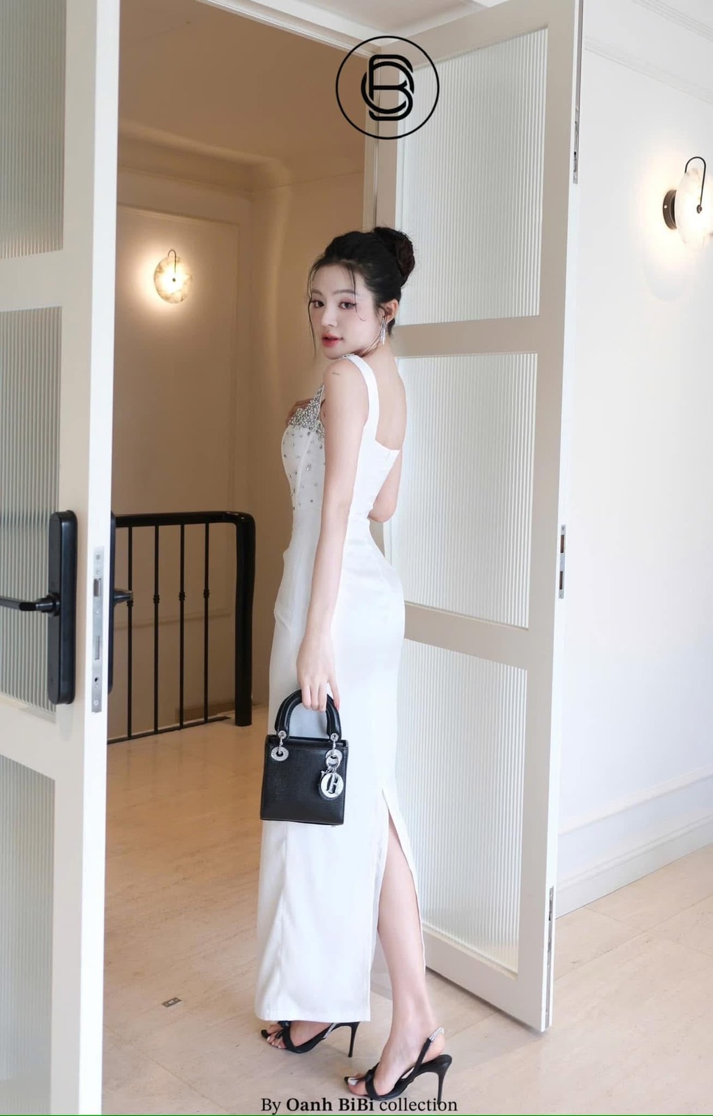 ชุดเดรส ราตรียาว สายเดี่ยว แต่งเพรช สีขาว สีดำ BRAND OBIBI 3081 Size S - Image 4