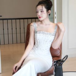 ชุดเดรส ราตรียาว สายเดี่ยว แต่งเพรช  สีขาว สีดำ  BRAND OBIBI 3081 Size S