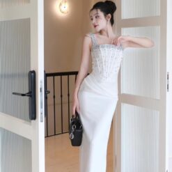 ชุดเดรส ราตรียาว สายเดี่ยว แต่งเพรช  สีขาว สีดำ  BRAND OBIBI 3081 Size S