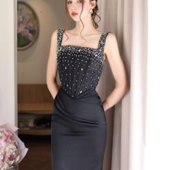 ชุดเดรส ราตรียาว สายเดี่ยว แต่งเพรช สีดำ  BRAND OBIBI 3081 Size S BKK