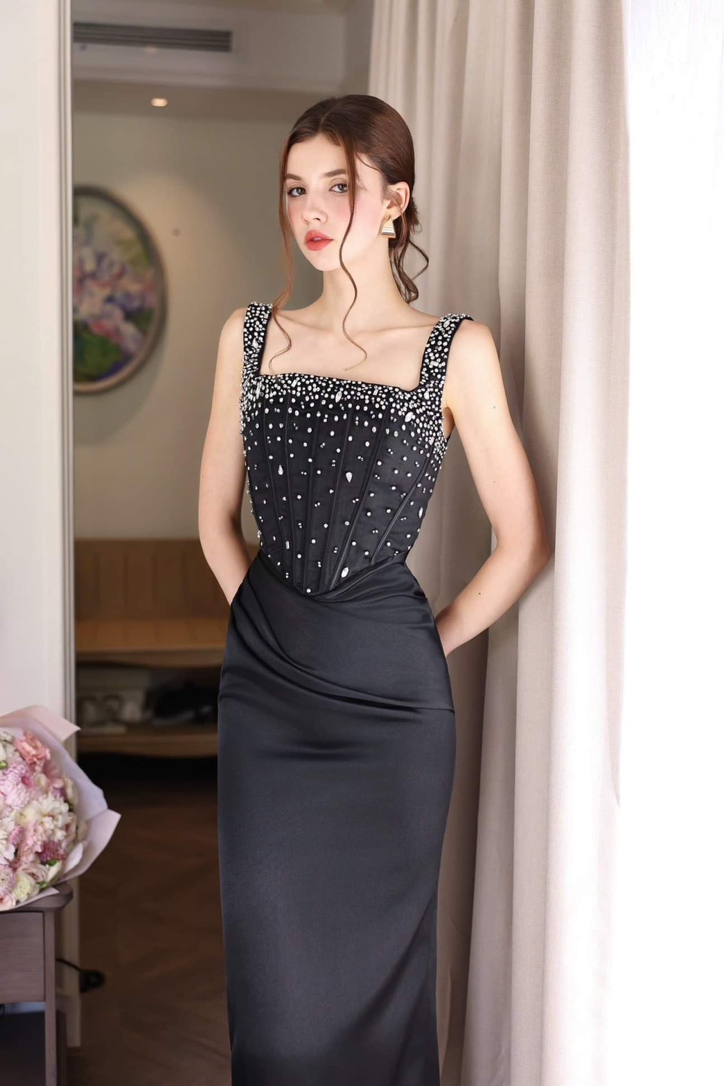 ชุดเดรส ราตรียาว สายเดี่ยว แต่งเพรช สีขาว สีดำ BRAND OBIBI 3081 Size S - Image 7