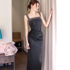 ชุดเดรส ราตรียาว สายเดี่ยว แต่งเพรช สีดำ  BRAND OBIBI 3081 Size S BKK