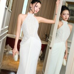 ชุดเดรส ราตรียาว คล้องคอ ลายลูกไม้ สีขาว BRAND OBIBI 3083 Size S-M